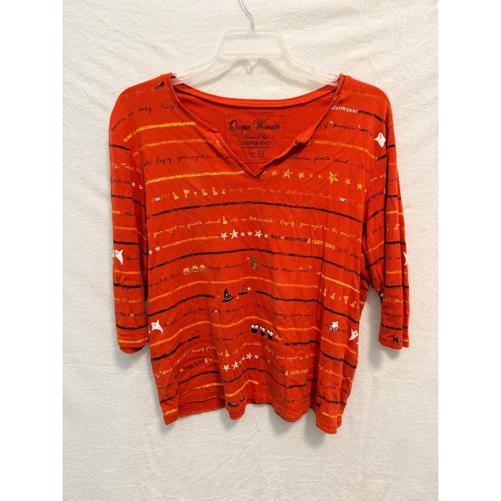 Onque Woman Halloween Orange Graphic Top 3/4 Sleeve Cotton Plus Size 2X
